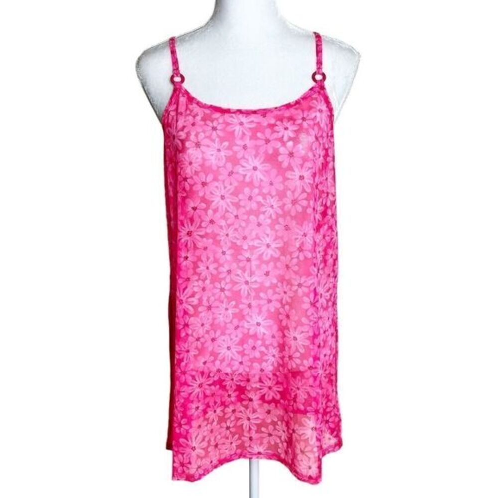 Vintage Leilani Y2K Bright Pink Floral Spaghetti‎ Strap Sheer Mesh Coverup S/M